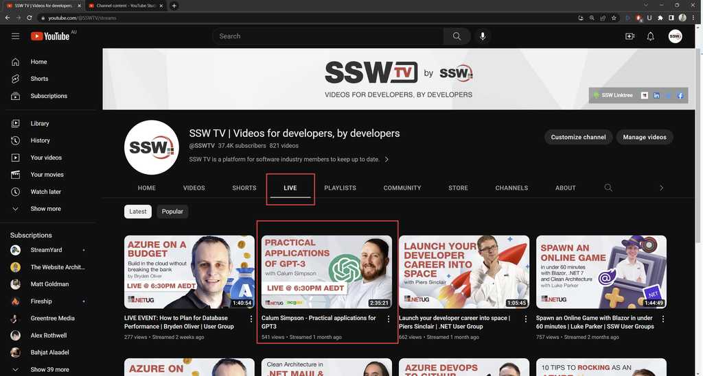 Live Tab  from manage youtube livestream content