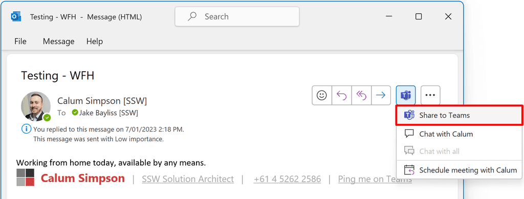 share to teams outlook button