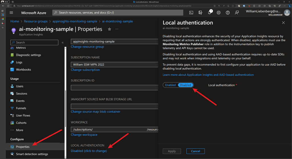 appinsights disable local auth