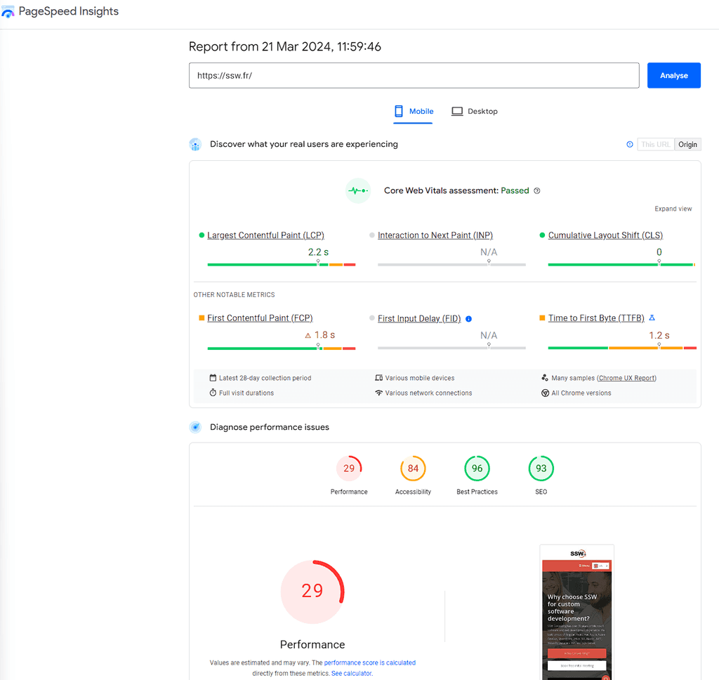 ssw france mobile performance google pagespeed